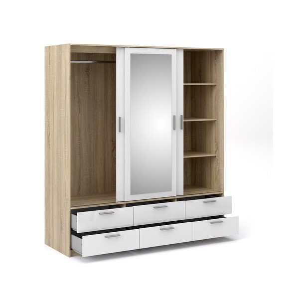 Balts/dabīga toņa drēbju skapis ar ozolkoka imitāciju ar bīdāmām durvīm 181x200 cm Line – Tvilum-image-4