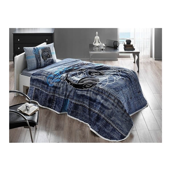 Kokvilnas gultas pārklāja, gultasveļas un spilvendrānas komplekts Listen V1 Blue, 160 x 230 cm