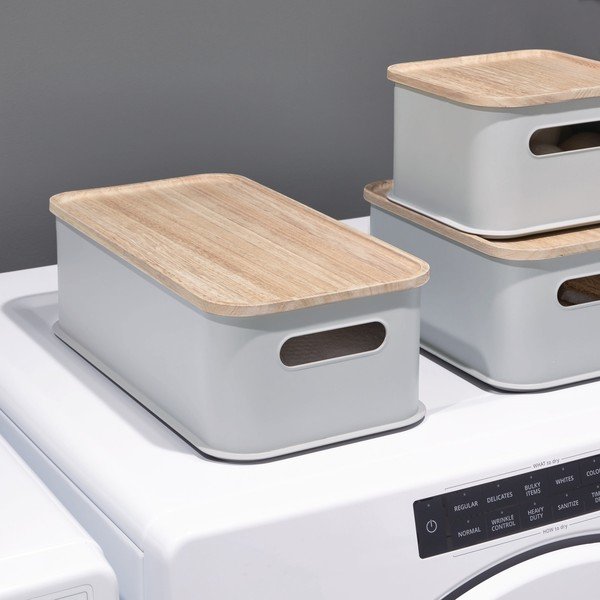 Pelēka uzglabāšanas kaste ar paulovnijas koka vāku iDesign Eco Handled, 21,3 x 43 cm-image-1