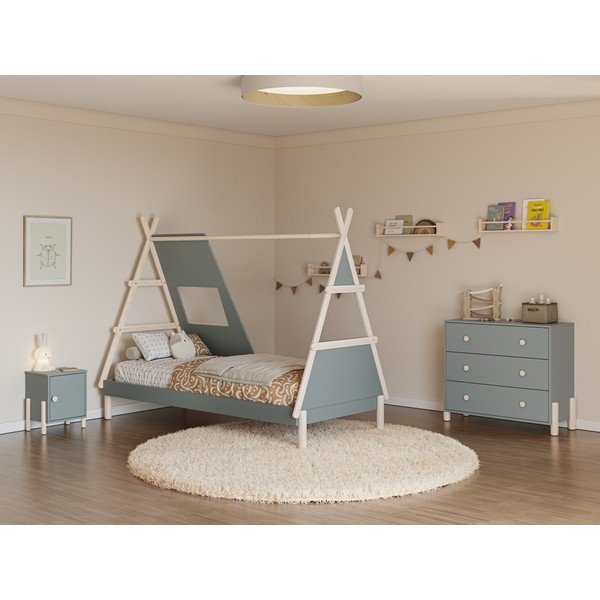 Dūmakaini zaļa priedes masīvkoka bērnu gulta mājas formā ar redelēm 90x200 cm Enola – Marckeric-image-1