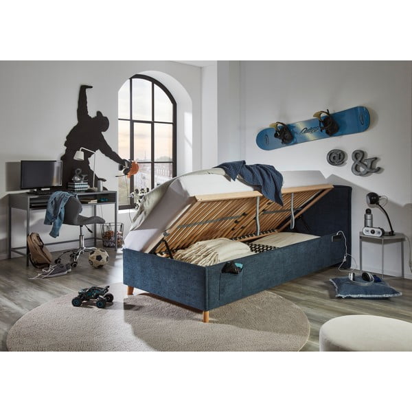 Tumši zila polsterēta bērnu gulta ar veļas kasti ar redelēm 120x200 cm Fun – Meise Möbel-image-4