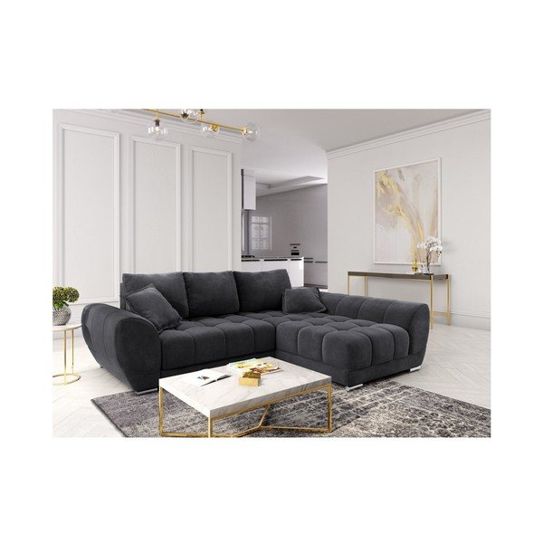 Tumši pelēks samta izvelkamais stūra dīvāns ar veļas kasti Windsor & Co Sofas Nuage, labais stūris-image-1