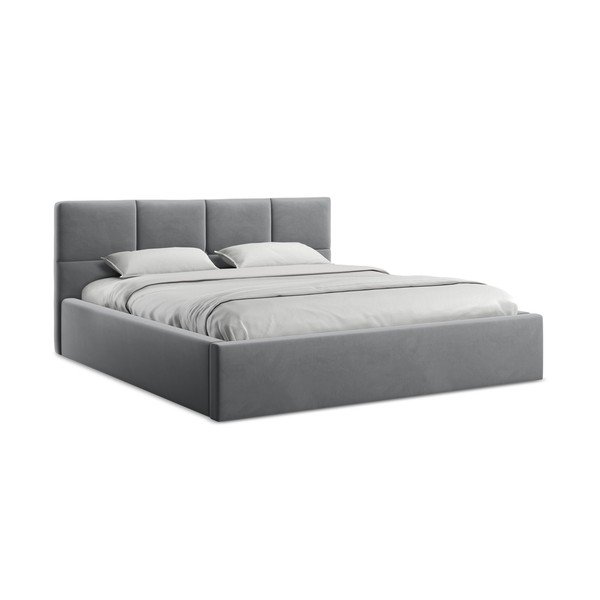 Tumši pelēka samta polsterēta divvietīga gulta ar veļas kasti ar redelēm 140x200 cm Hiko – Makamii-image-4
