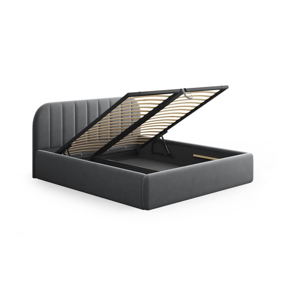 Pelēka polsterēta divvietīga gulta ar veļas kasti ar redelēm 160x200 cm Juno – Windsor & Co Sofas-image-4