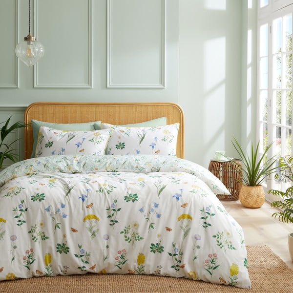 Balta/zaļa vienguļamā kokvilnas gultas veļa 135x200 cm Botanical Cottage Garden – RHS