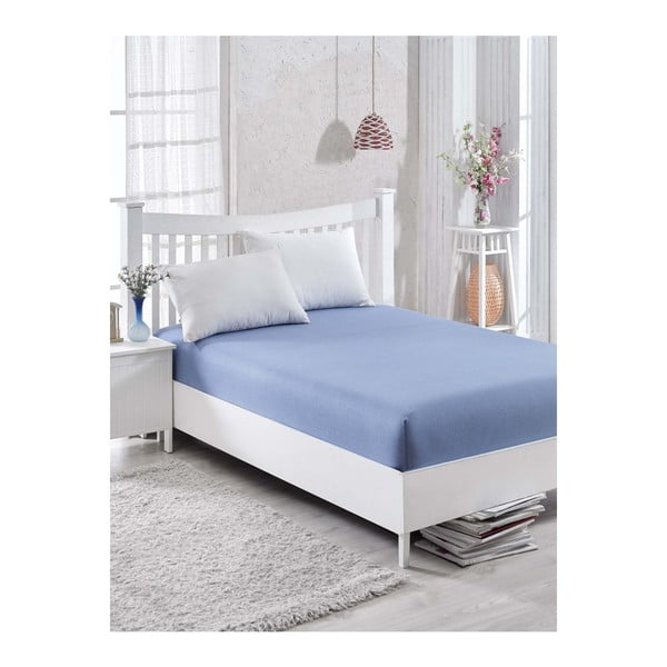 Zila kokvilnas elastīga lenta vienvietīgai gultai Barbra, 100 x 200 cm