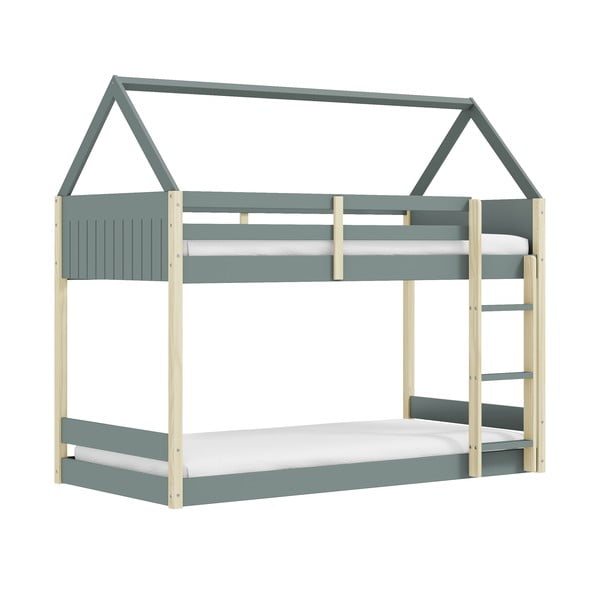 Dabīga toņa/dūmakaini zaļa bērnu gulta mājas formā/divstāvu ar redelēm 90x190 cm Valka – Marckeric-image-2