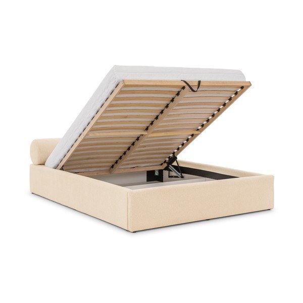 Krēmkrāsas polsterēta divvietīga gulta ar veļas kasti ar redelēm 200x200 cm Cille – Ropez-image-2