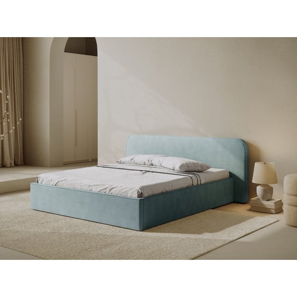 Piparmētru zaļa polsterēta divvietīga gulta ar veļas kasti un redelēm 200x200 cm Elizabeth – Micadoni -image-1