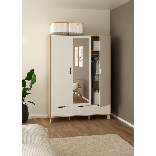 Balts/dabīga toņa drēbju skapis ar ozolkoka imitāciju un spoguli 147x201x58 cm Ikast – Tvilum-image-2