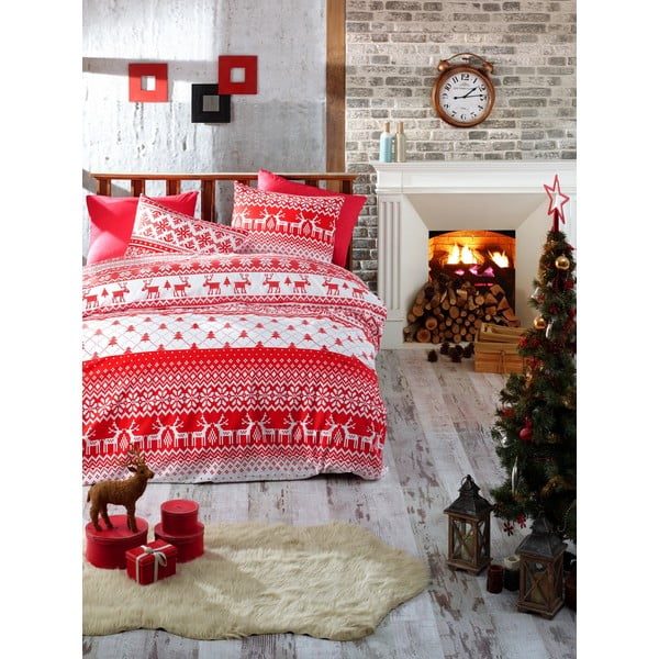 Gultas veļa ar gultas pārklāju vienguļamai gultai no ranforce kokvilnas Nazenin Home Winter Red, 140 x 200 cm