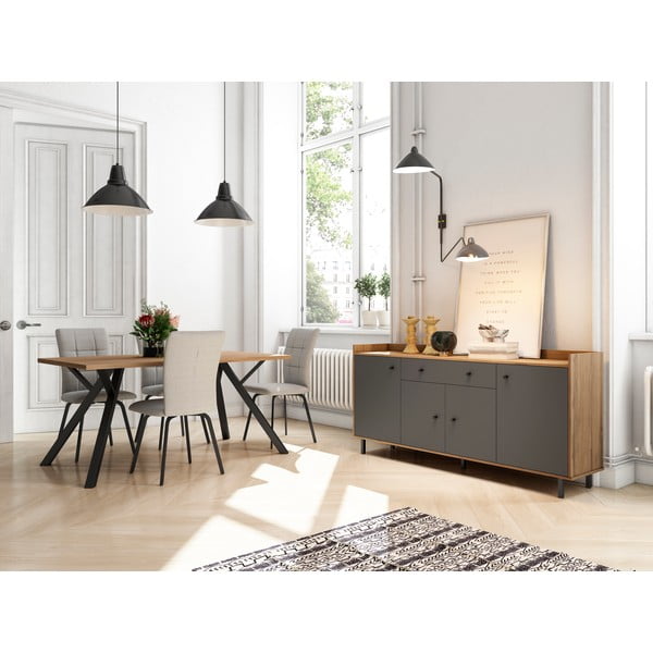 Pelēka zema kumode ar valriekstkoka imitāciju 180x84 cm Malta – Marckeric-image-1