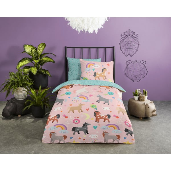 Rozā/tirkīzzila vienguļamā kokvilnas bērnu gultas veļa 140x220 cm Horses – Good Morning-image-1