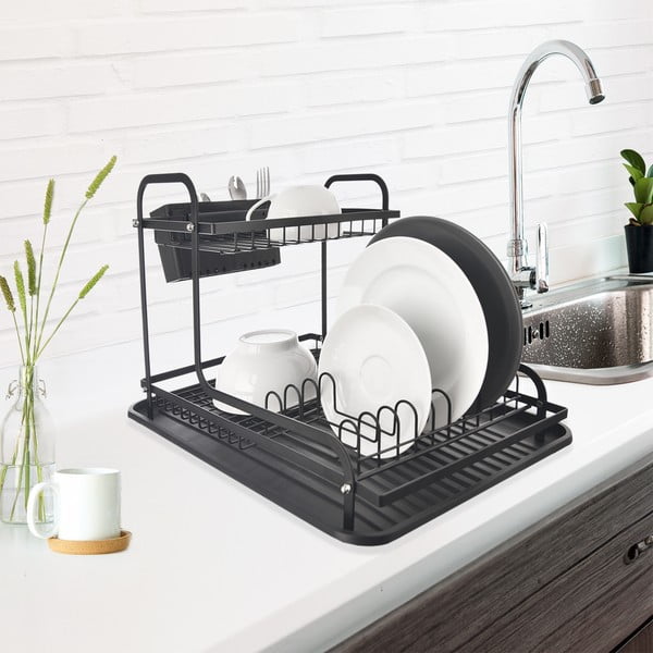 Melns metāla divu līmeņu trauku žāvētājs 42,5x32 cm Radka – Orion-image-1