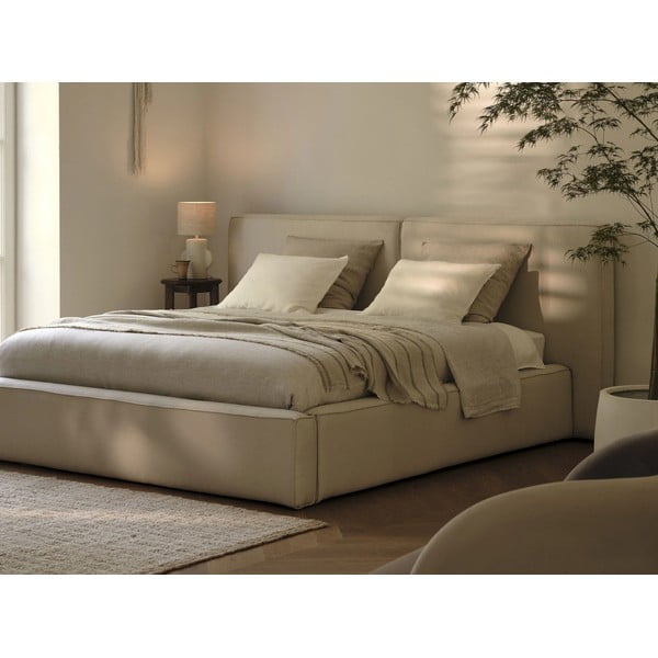 Bēša polsterēta divvietīga gulta ar veļas kasti un režģi 160x200 cm Arendal – Cosmopolitan Design-image-1