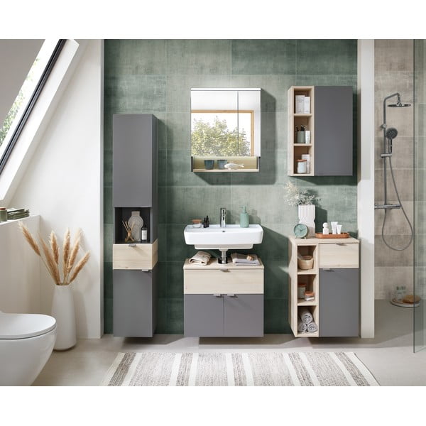 Pelēks/dabīga toņa piekarams vannas istabas skapis ar priedes koka imitāciju 70x45 cm Quickset 394 – Pelipal-image-1