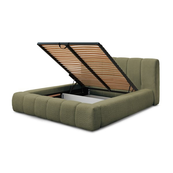 Zaļa polsterēta divvietīga gulta ar veļas kasti un redelēm 160x200 cm Denali – Bobochic Paris-image-4