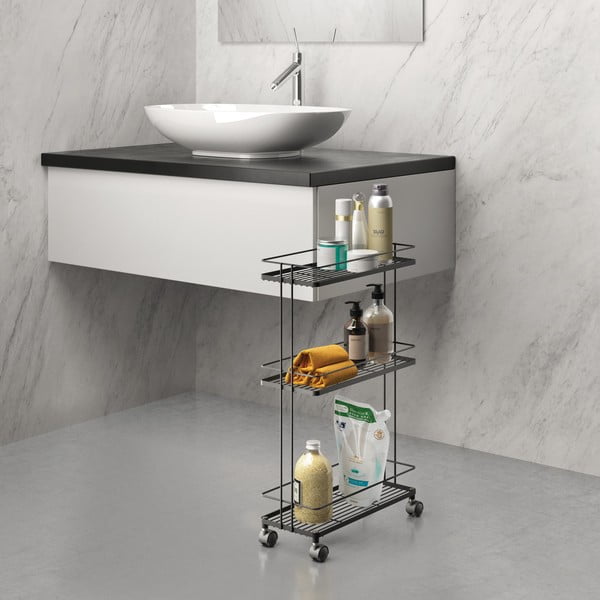 Matēti melns tērauda plaukts uz riteņiem 38x62x16 cm Lava – Metaltex-image-2