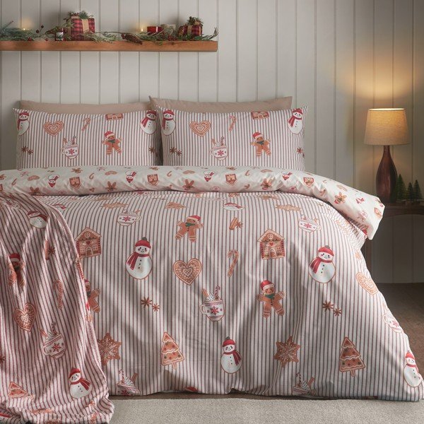 Dabīga toņa divguļamā gultas veļa 230x220 cm Christmas Gingerbread Stripe – Catherine Lansfield-image-3