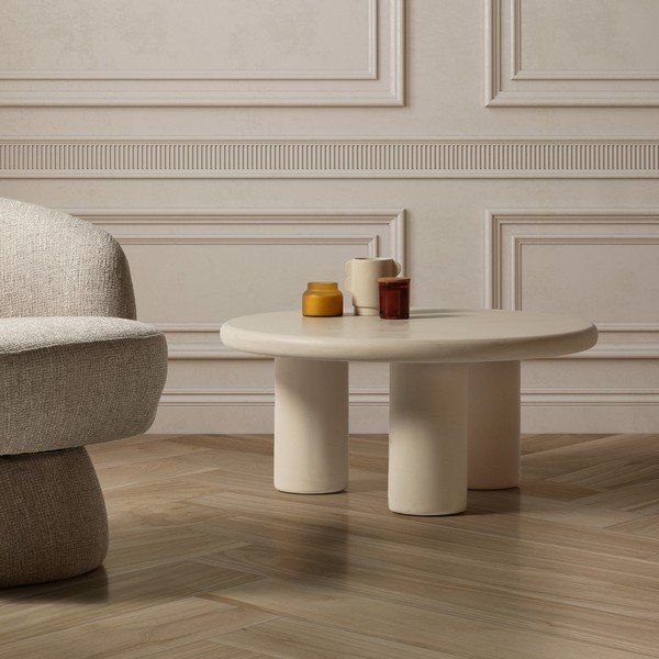 Krēmkrāsas apaļš žurnālgaldiņš ar akmens imitāciju ø 80 cm Iriel – MOME-image-1