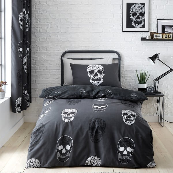 Tumši pelēka vienguļamā bērnu gultas veļa 135x200 cm Skulls – Catherine Lansfield-image-1