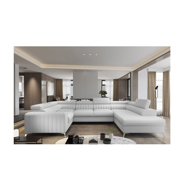 Balts salokāms/ar uzglabāšanas vietu stūra dīvāns no ādas imitācijas (ar labo stūri/U veida) Louis – ELTAP-image-1