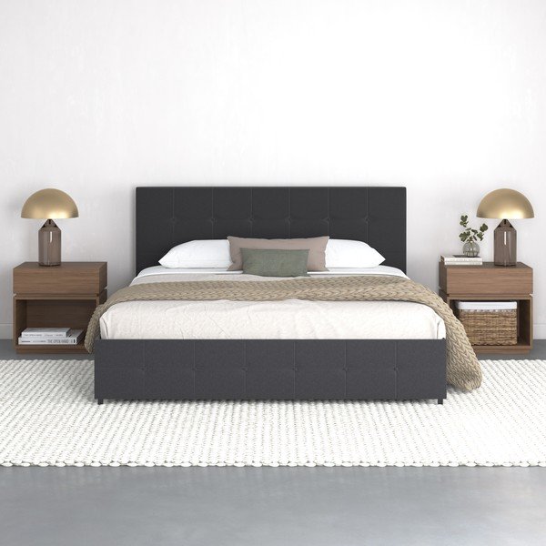 Tumši pelēka polsterēta divvietīga gulta ar veļas kasti 180x200 cm Rose – Støraa-image-3