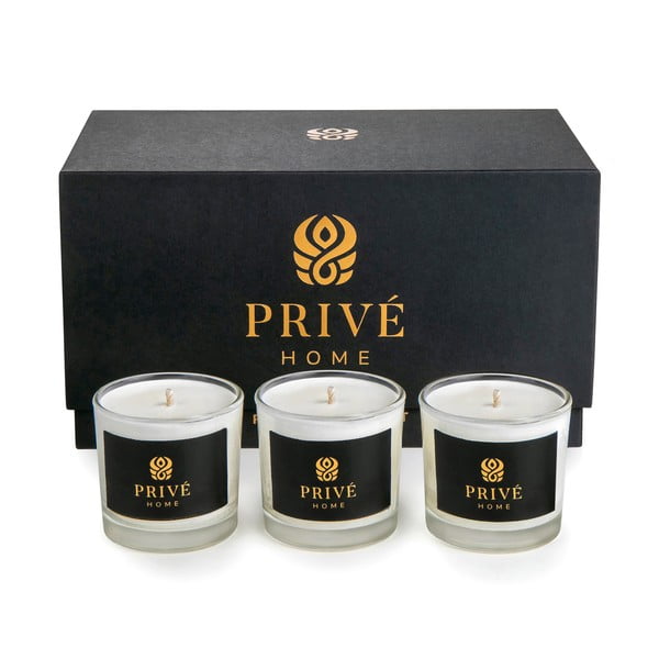 3 baltu aromātisko sveču komplekts Privé Home Tobacco&Leather/Oud&Bergamot/Muscs Poudres