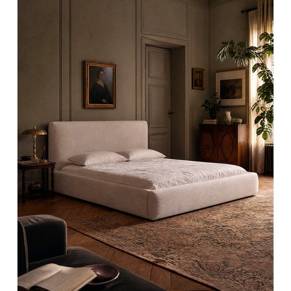 Bēša polsterēta divvietīga gulta ar veļas kasti un redelēm 160x200 cm Colonel – Cosmopolitan Design-image-1