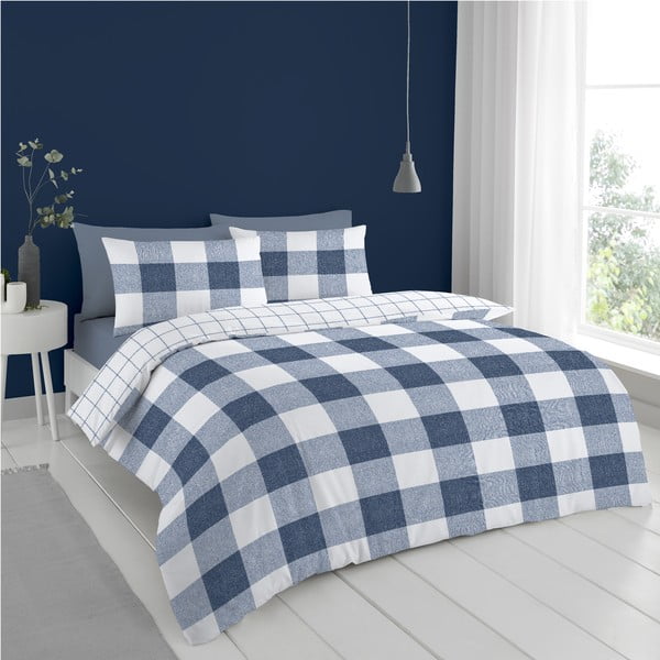 Balti zila gultas veļa 200x135 cm Bold Check – Cloudsoft-image-2