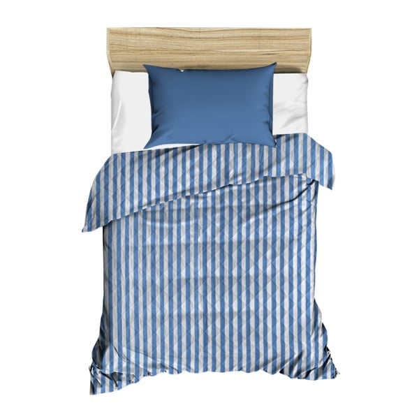 Zili un balti svītrains stepēts gultas pārklājs Stripes, 160 x 230 cm
