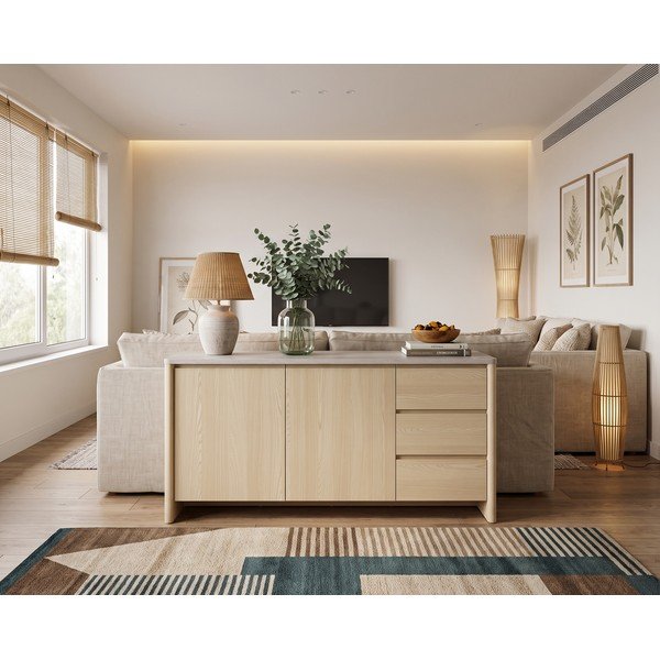 Balta/gaiša dabīga toņa kumode ar ozolkoka imitāciju 163x80x45 cm Dore – Marckeric-image-1