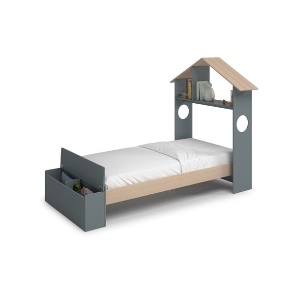 Dabīga toņa/dūmakaini zaļa bērnu gulta ar priedes koka imitāciju mājas formā ar veļas kasti ar redelēm 90x190 cm Odessa – Marckeric-image-3