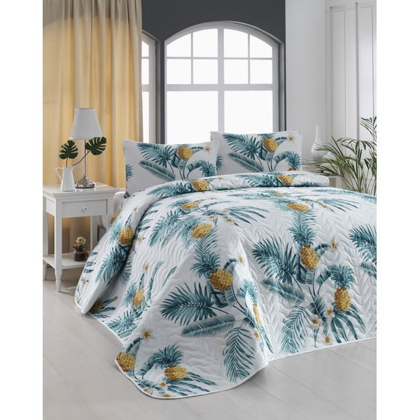 Stepēta gultas pārklāja un 2 spilvendrānu komplekts Eponj Home Custom Pineapple White, 200 x 220 cm