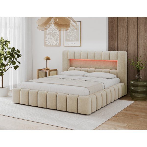 Bēša polsterēta divvietīga gulta ar veļas kasti un ar redelēm 140x200 cm Lamica – ELTAP-image-3