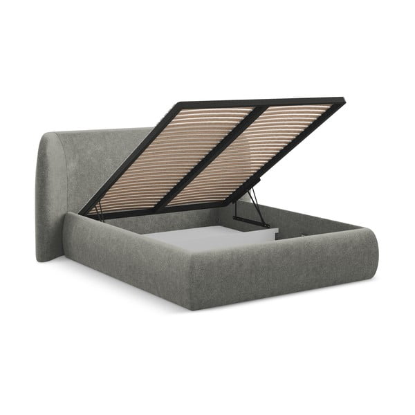 Pelēka polsterēta divvietīga gulta ar veļas kasti un redelēm 180x200 cm Hauke – Makamii-image-2