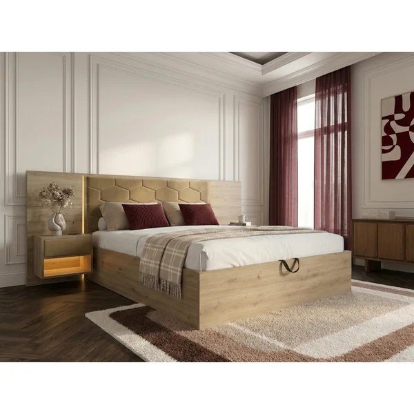Zaļa polsterēta/no skaidu plāksnēm divvietīga gulta ar veļas kasti ar redelēm 160x200 cm Palmeraie – Bobochic Paris-image-3