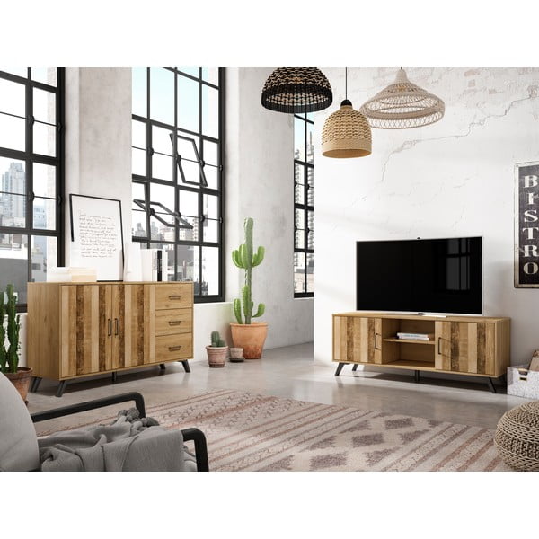Dabīga toņa zema kumode ar ozolkoka imitāciju 136x81 cm Nordic – Marckeric-image-4