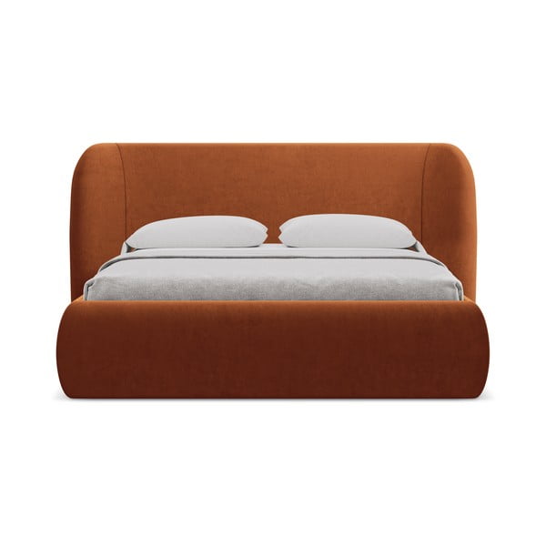 Terakotas oranža polsterēta divvietīga gulta ar veļas kasti un redelēm 160x200 cm Hauke – Makamii-image-3