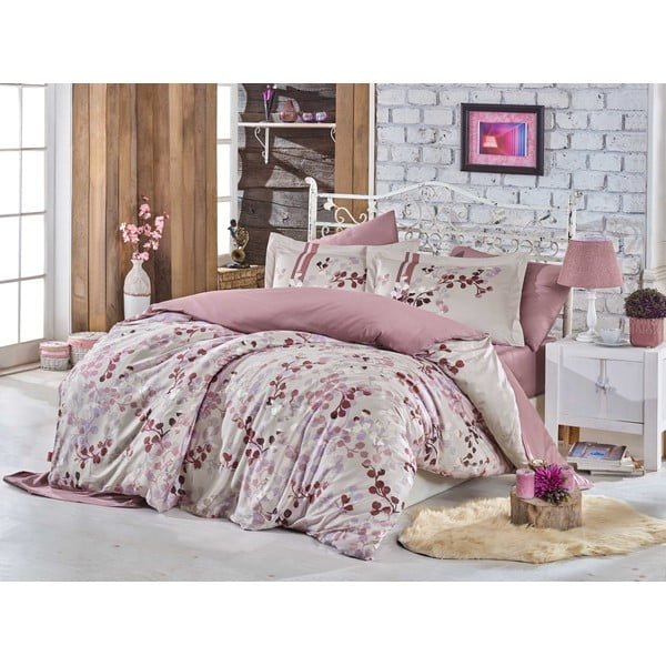 Gultas veļa ar gultas pārklāju divguļamai gultai no kokvilnas satīna Hobby Irma Brown Beige, 200 x 220 cm