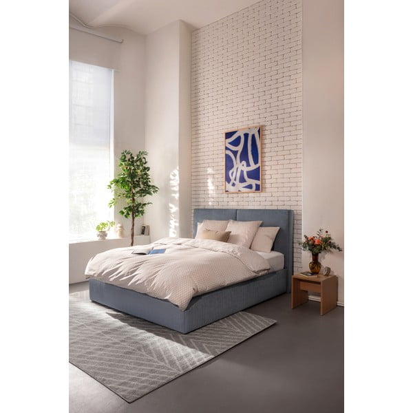 Zila polsterēta divvietīga gulta ar veļas kasti ar matraci un redelēm 180x200 cm Thessa Bold – Bonami Selection-image-1