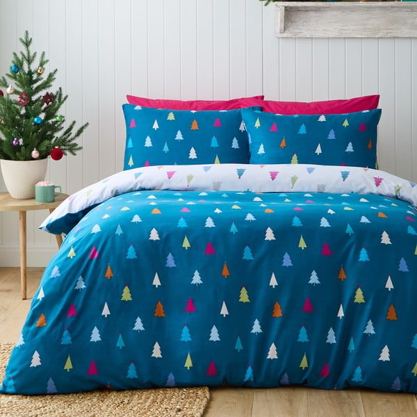 Balta/zila vienguļamā mikrošķiedras gultas veļa 135x200 cm Christmas Tree – Catherine Lansfield-image-1