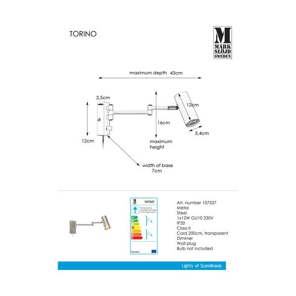 Pelēka metāla sienas lampa Markslöjd Torino-image-1