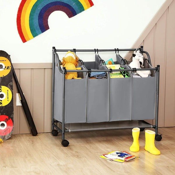 Pelēks grozs ar riteņiem un 4 veļas nodalījumiem Songmics-image-1