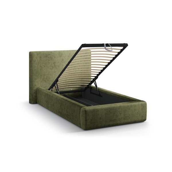 Zaļa polsterēta vienvietīga gulta ar veļas kasti un redelēm 90x200 cm Amy – Micadoni -image-1