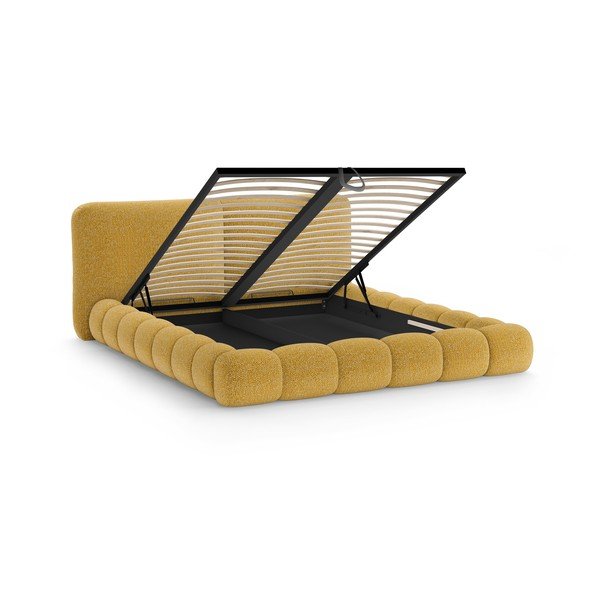 Sinepju dzeltena polsterēta divvietīga gulta ar veļas kasti un redelēm 180x200 cm Solange – Micadoni -image-2