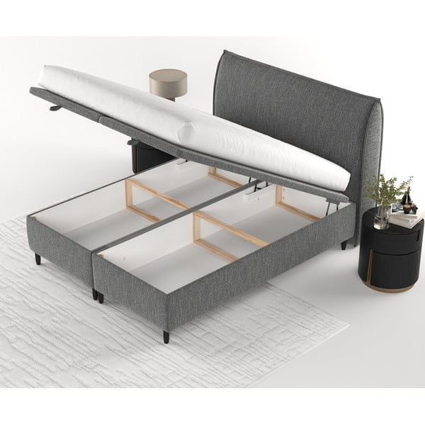 Pelēka polsterēta divvietīga gulta ar veļas kasti 200x200 cm Pearl – Maison de Rêve-image-3