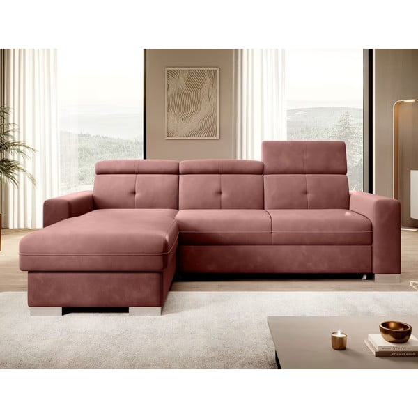 Rozā samta salokāms/ar uzglabāšanas vietu stūra dīvāns (ar kreiso stūri/ar zvilni) Fresia – ELTAP-image-1