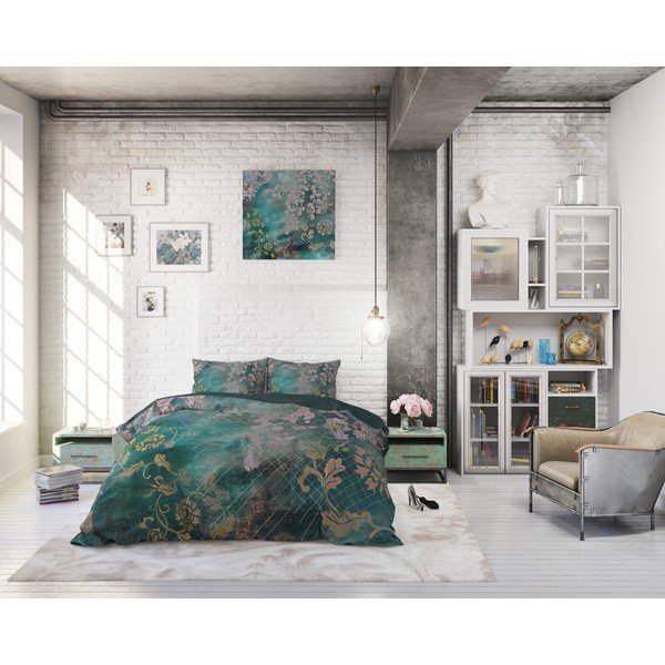 Zaļa kokvilnas vienvietīga gultasveļa Pure Cotton Tiran Flower, 140 x 200 cm-image-3