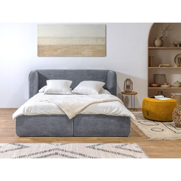 Gaiši pelēka mīkstā divvietīgā gulta ar uzglabāšanas vietu un režģi 160x200 cm Louise – Bobochic Paris-image-3
